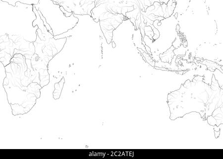 Mappa mondiale DELL'OCEANO INDIANO: Mar Eritrao, Madagascar, Ceylon, Bengala, India, Africa, Australia, Indonesia. Grafico geografico. Foto Stock