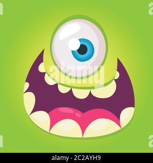 Mostro di cartone animato. Avatar mostro fresco verde di Halloween vettoriale con ampio sorriso. Grande set di volti mostro. Design del contenitore Illustrazione Vettoriale