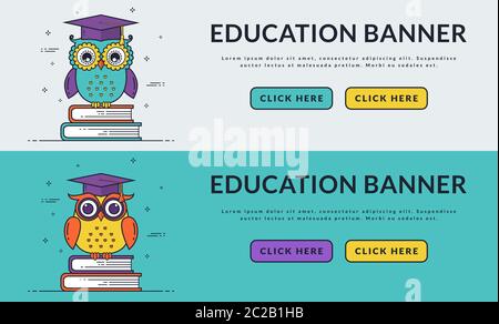 Banner web Education con gufi intelligenti seduti su libri. Torna a scuola, laurea o temi di apprendimento. Gruppo vettoriale. Design a linea piatta con spazio per tex Illustrazione Vettoriale