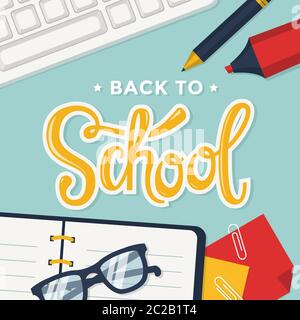 Ritorno a scuola. Sfondo vettoriale con gli elementi e le lettere dello studente. Illustrazione Vettoriale