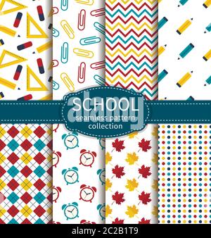 Ritorno a scuola. Insieme di schemi colorati di scuola e istruzione senza soluzione di continuità. Raccolta vettoriale. Illustrazione Vettoriale