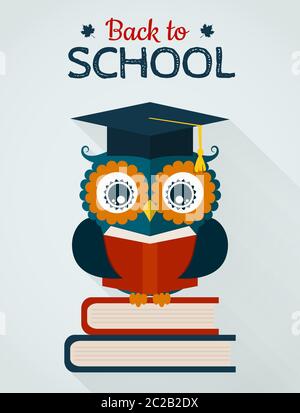 Scheda di ritorno alla scuola. Gufo saggio con libri e cappellino laureato. Design piatto. Illustrazione vettoriale. Illustrazione Vettoriale