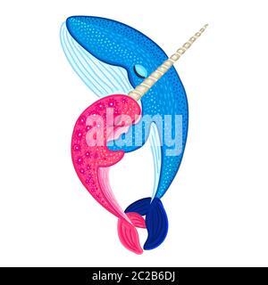 Il narwhal vettoriale e la balena blu sono abbraccianti e danzanti. Carino personaggio cartoon. Colorata vita marina. Design per attributi di parco acquatico e acquario. Foto Stock