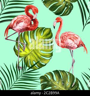Fenicotteri con foglie tropicali, splendido motivo floreale senza cuciture sfondo estivo, texture, tessuto, illustrazione artistica dipinta con acquerelli. Foto Stock