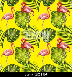 Fenicotteri con foglie tropicali, splendido motivo floreale senza cuciture sfondo estivo, texture, tessuto, illustrazione artistica dipinta con acquerelli. Foto Stock