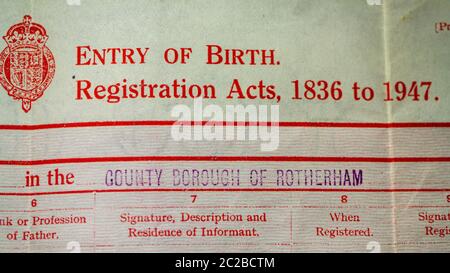 Certificato di nascita del Regno Unito, copia del documento originale del Regno Unito. Foto Stock