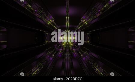 corridoio tunnel scifi scuro con reticolo contur riflettente sfondo illustrazione 3d, futuristico design fantascientifico stile alieno rendering 3d Foto Stock