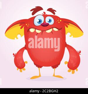 Simpatico mostro di cartone animato felice. Illustrazione vettoriale della mascotte di mostro rosso Illustrazione Vettoriale
