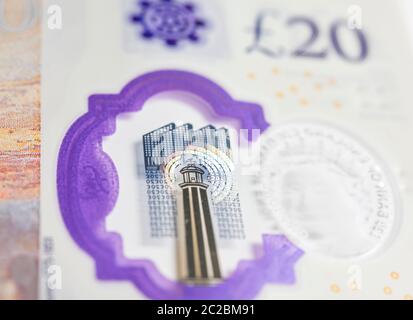 Un primo piano di una nota Sterling di venti libbre che mostra il faro di Margate Foto Stock
