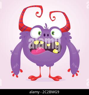 Simpatico mostro di cartoni animati. Vector furry violetto mostro carattere con gambe minuscole e corna grandi. Design Halloween Illustrazione Vettoriale