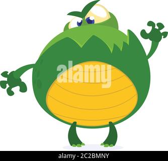Mostro verde rana sventolando bambini cartoon. Terroso personaggio divertente animale verde infantile. Illustrazione vettoriale Illustrazione Vettoriale
