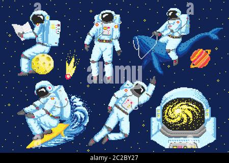 Astronauta pixel art. Oggetti Spaceman a 8 bit. Arte spaziale, icone digitali. Cosmonaut su una balena, luna e onda. Risorse retrò. Stile di gioco vintage. Set di Illustrazione Vettoriale