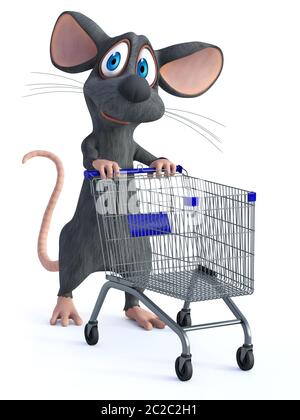 3D rendering di un simpatico cartoon sorridente mouse a piedi con un vuoto Carrello spesa, pronto per l'acquisto. Sfondo bianco. Foto Stock