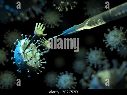 2019-nCoV vaccino respiratorio cinese del coronavirus. Divertente illustrazione cartoon. Vista microscopica della cellula virale Covid-19. Il medicinale per il trattamento Foto Stock