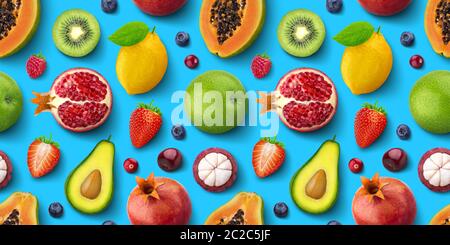 Modello senza giunture dei diversi tipi di frutta e bacche, piatto di laici che, vista dall'alto, tropicale e texture esotiche Foto Stock