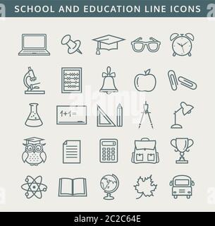 Ritorno a scuola. Collezione di icone di scuola e istruzione. Set di simboli di linea. Illustrazione vettoriale. Illustrazione Vettoriale