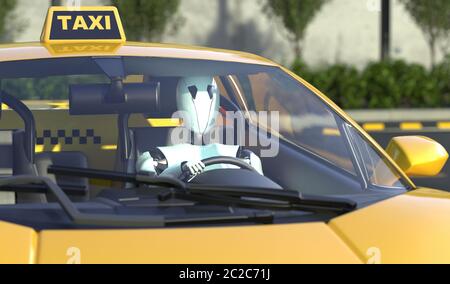 Il tassista robot si siede al volante di un taxi giallo. Auto con pilota automatico. Concetto futuro con robotica intelligente e intelligenza artificiale. Rendering 3D Foto Stock