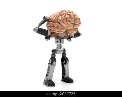 Robot con braccia, gambe e un cervello umano vivo è isolato su sfondo bianco. Intelligenza artificiale con organi umani. Creativo concettuale i Foto Stock