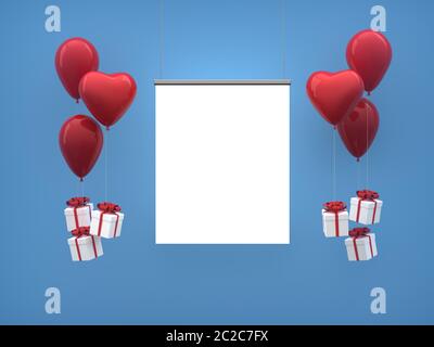 Stampa poster in tela con palloncini rossi a cuore e confezione regalo per compleanno o celebrazione. Spazio vuoto per pubblicità, promozioni, banner sui social media. Sfondo blu. Foto Stock