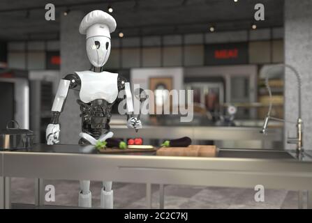 Uno chef robot umanoide cucina i piatti in una cucina del ristorante. Sostituzione del lavoro umano con la robotica. Concetto futuro con robotica intelligente e int artificiale Foto Stock