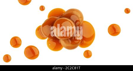 Caramelle di caramello e salsa di caramello isolati su sfondo bianco, vista dall'alto Foto Stock