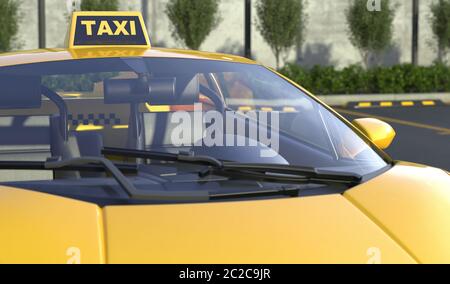Vicino al parcheggio della città si trova un taxi giallo. Sfondo sfocato. Rendering 3D Foto Stock