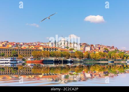 Vista sul Yavuz Selim moschea e il palazzo dell'università dal Golden Horn, Istanbul, Turchia. Foto Stock