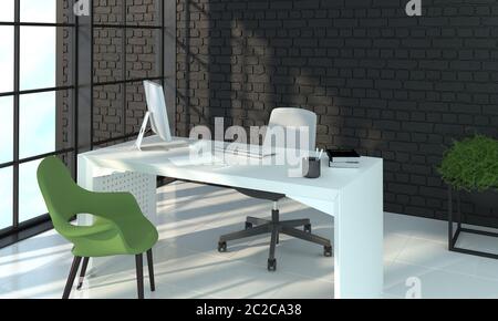 Luogo di lavoro senza persone in ufficio. Studio per il servizio clienti in bianco e nero. Rendering 3D dell'interno in stile loft Foto Stock