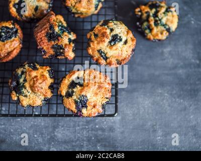 Muffin ai mirtilli fatti in casa su sfondo scuro. Foto Stock