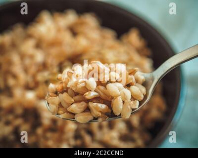farro bollito in cucchiaio, fuoco selettivo Foto Stock
