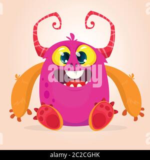 Piccolo mostro rosa felice con occhi grandi. Illustrazione vettoriale Illustrazione Vettoriale