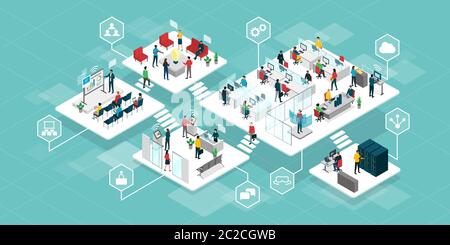 Efficiente e innovativo personale aziendale che lavora insieme in uno spazio virtuale: ufficio, sala riunioni, sala conferenze, sala server e reception Illustrazione Vettoriale