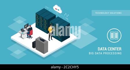 I tecnici professionisti che lavorano nel data center monitorano e gestiscono server, reti e concetto di big data Illustrazione Vettoriale