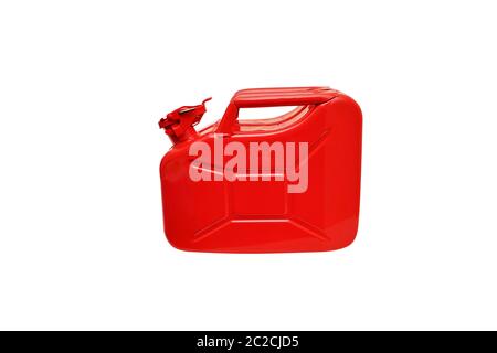 Nuovo jerrycan rosso isolato su sfondo bianco Foto Stock