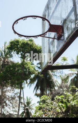 Vecchio cerchio rustico di basket grunge nel verde selvaggio della foresta tropicale. Scuola parco giochi quartiere Foto Stock