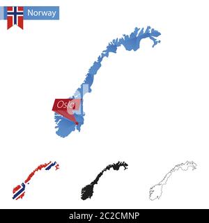 Mappa blu Norvegia basso Poly con capitale Oslo, versioni con bandiera, nero e contorno. Illustrazione vettoriale. Illustrazione Vettoriale
