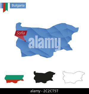 Mappa blu della Bulgaria a basso poly con la capitale Sofia, quattro versioni della mappa. Illustrazione vettoriale. Illustrazione Vettoriale