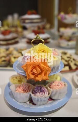 Torte alla moda su un panello a buffet. Messa a fuoco selettiva. Una vera selezione di tè e torte di fata in occasione di una festa. Foto Stock