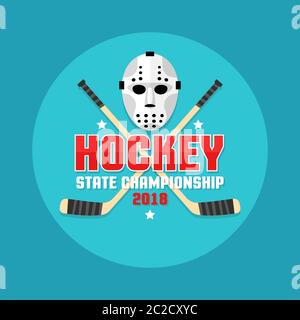 Emblema di Hockey con maschera di goalie piatta retrò e bastoni incrociati. Illustrazione Vettoriale