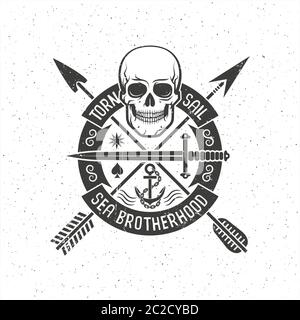 Logo retrò hipster con cranio pirata Illustrazione Vettoriale