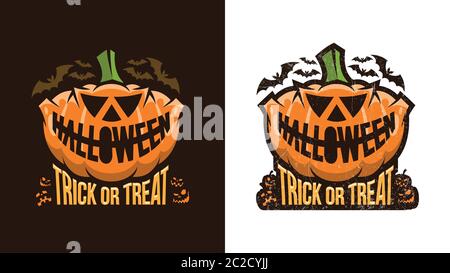 Insolito logo halloween vintage con zucca e lettere. Illustrazione Vettoriale
