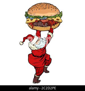 Babbo Natale con il Burger. Menu di Natale ristorante fast food concept. La Pop art retrò illustrazione vettoriale kitsch disegno vintage Foto Stock