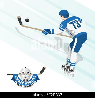 Giocatore di hockey su ghiaccio in uniforme blu bianco Illustrazione Vettoriale