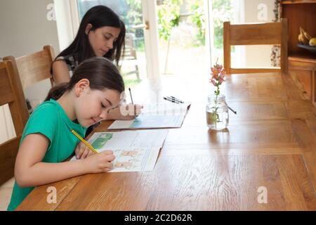 Due ragazze che istruono a casa dal tavolo della cucina Foto Stock