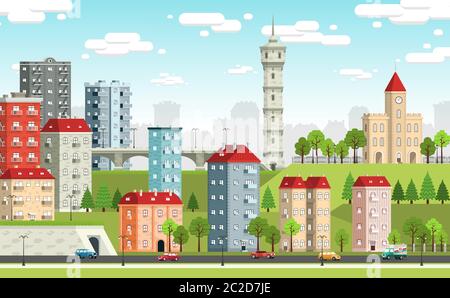 Paesaggio della città con edifici, case e elementi stradali. Illustrazione Vettoriale