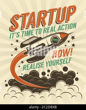 Poster retrò di avvio con un razzo in aumento Illustrazione Vettoriale