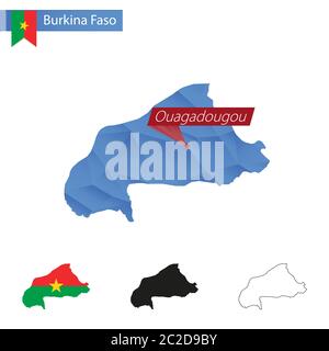 Mappa blu basso Poly del Burkina Faso con capitale Ouagadougou, quattro versioni di mappa. Illustrazione vettoriale. Illustrazione Vettoriale