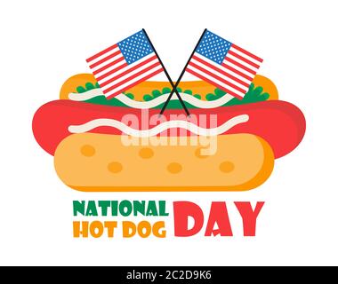 National hot dog concept vettore cartolina e web. Poster o banner americano per il fast food, con un hot dog con insalata. Viene visualizzato il piccolo indicatore USA. Illustrazione Vettoriale