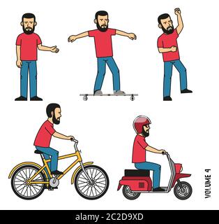 Il personaggio è a cavallo di un longboard, bicicletta, scooter. Illustrazione Vettoriale