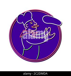 Illustrazione in stile retrò che mostra una luce di segnalazione al neon 1990s illuminazione di un panettiere, cuoco o chef pizza che tosano l'impasto in cerchio su backgroun isolato Foto Stock